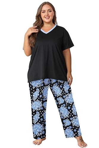 Image of Vozanet Women's Pajama Sets Short Sleeve with Long Pant Soft Sleepwear Printed pj Loungewear With TWO Pockets Size 1X to 5X