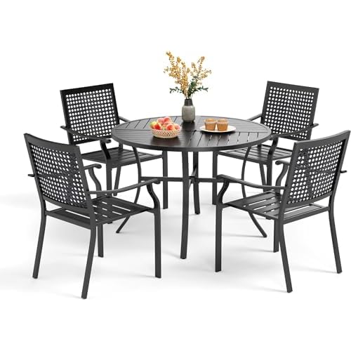 PHI VILLA 5 Pieces Outdoor Round Dining Set for 4, Steel Circle Table with Umbrella Hole & Stacking Wrought Iron Chairs, Morden Dining Furniture Set for Patio, Deck, Yard, Porch