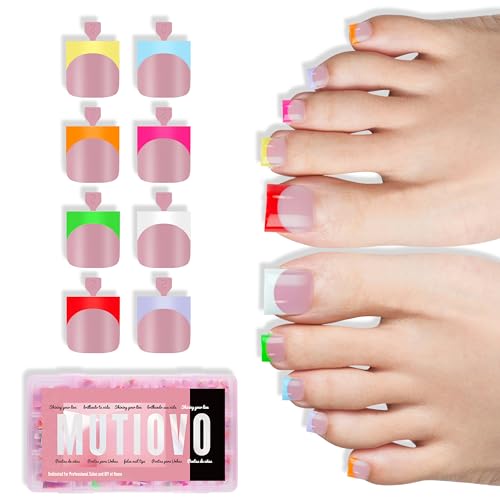 MUTIOVO 8 MIXED Summer Color French Tip Toe Nail Tips, Sharp Square Soft Gel Toenail Extension,Full Cover Acrylic, no Glue Included, Need Builder Gel & Top Coat, for DIY x 15 Sizes 240 pcs