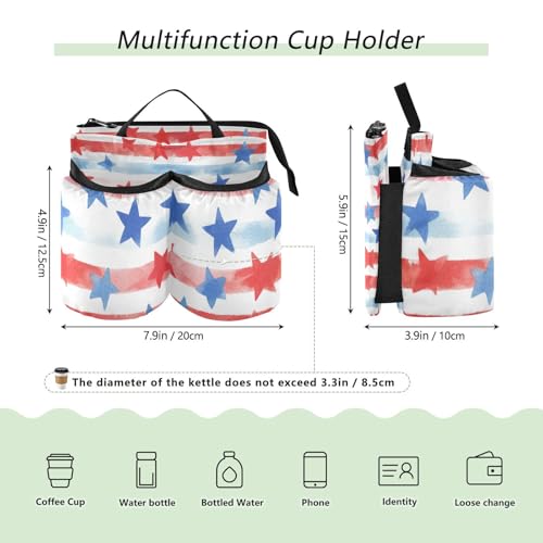 Image of Luggage Cup Holder for Suitcases Free Hands Suitcase Cup Holder Travel Luggage Drink Holder Portable Luggage Cup Caddy Bag Carrier with Handle July 4th Stripes Stars White