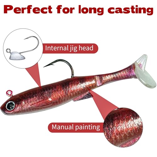 JORMIX 6Pcs Swim Baits for Bass Fishing,Easy Catching Lures Soft Plastic Walleye Fishing Lures,Fishing Gear for Bass Trout Crappie,Paddle Tail Swimbaits Fishing Soft Plastic Lure Kit Red - image 2