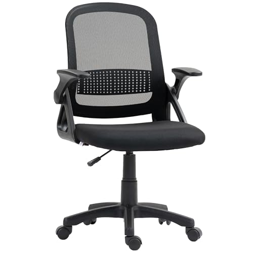 HOMCOM Silla de oficina de malla transpirable, silla de ordenador giratoria ergonómica con reposabrazos abatibles, soporte lumbar para la espalda para el hogar/oficina, negro