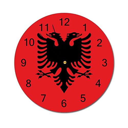 Higoss Horloge murale décorative avec drapeau de l'Albanie, horloge murale ronde moderne à piles, horloge à suspendre pour cuisine, maison, bureau, salle de...