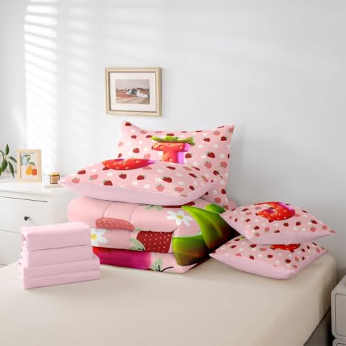 Image of Feelyou Cute Girls Strawberry Comforter Set Full Size 7 Pieces Pink Red Princess Strawberry Bedding Set Kids Initial Letter J Bed in a Bag with Comforter, Sheets, Pillowcases, Cushion Covers