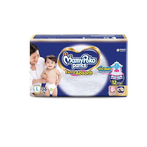 Image of MamyPoko Pants Extra Absorb Baby Diapers, Large (L size) | 9-14 kg | 36 Count |Deep Sleep Diapers| Soft gentle fit |Deep Absorbent Crisscross | skin friendly with coconut oil |