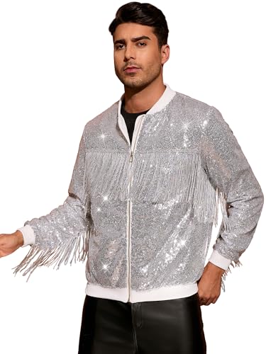 Image of Lars Amadeus Shiny Tassel Jacket for Men's Zipper 70s Disco Sparkly Sequins Baseball Bomber Jackets