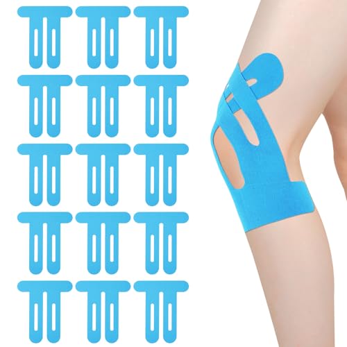 15pcs Precut Kinesiology Tape for Knees, Breathable & Waterproof Pre Cut Sport Tape Running Accessories Elastic Muscle Athletic Kinetic Sticker Strips for Knee Stability and Muscle Support