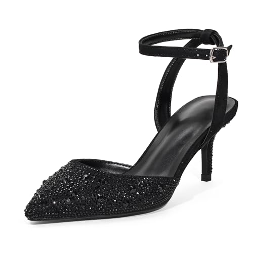 GENSHUO Talons Hauts en Strass de 6,5 cm, Bout Pointu avec Bride à la Cheville, Escarpins élégants, Strass Noir, 38 EU