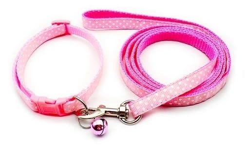 Small Dog Puppy Pet Collar and Lead Set Spot Dot Design Nylon Adjustable Size 19-32cm Collar with Bell and 120cm Leash Pink - Image 2