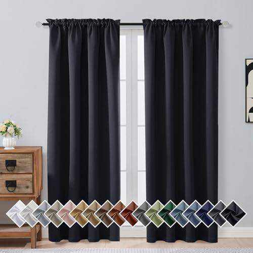 OVZME Black Blackout Curtains for Bedroom 72 Inch Length 2 Panels Set Solid Thermal Insulated Energy Saving Window Curtains for Living Room Dual Rod Pocket Window Drapes Black 2x40Wx72L Inches