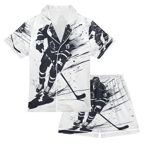 ALAZA Ice Hockey Player Artwork Satin Pajamas Set Short Sleeve Button Down Sleepwear Summer Pjs 2 Piece
