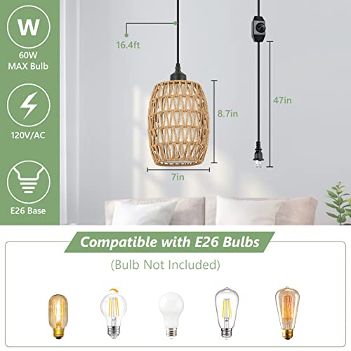 Eyassi Rattan Plug In Pendant Light,Boho Chandelier Light Fixture With Fabric Drum Shade,Farmhouse Wicker Hanging Lamp With Dimming Switch,Hanging Light That Plug Into Wall Outlet For Dinning Room #TOP3
