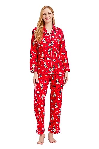 Image of GLOBAL Women's Flannel Pajamas Set 100% Cotton PJs for Women Long Sleeve Button Drawstring Waist Warm Loungewear Sleepwear