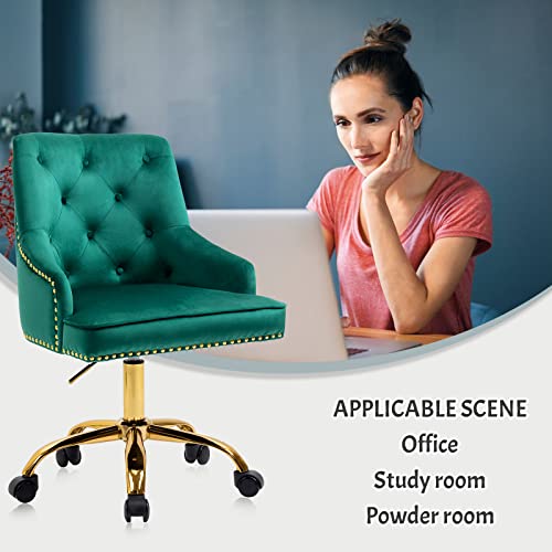 Mojay Modern Mid-Back Tufted Office Chair, Swivel Height-Adjustable Accent Home Desk Chair,Cute Velvet Soft Seat Vanity Chair With Rivet And Arm Support (Green) #TOP4