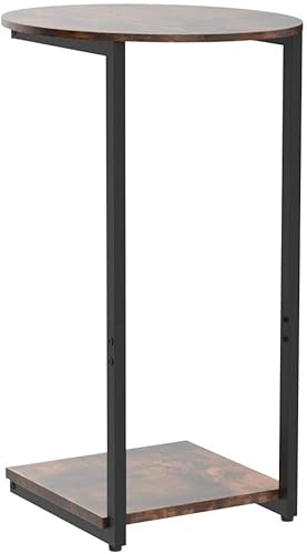 Miniatura 5 de Hosfais Mesa auxiliar pequeña, mesa auxiliar de madera en forma de C con marco de metal para sala de estar, dormitorio, espacios pequeños (marrón