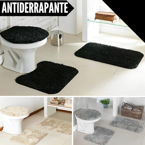 Kit 2 Tapetes 3 Peças Banheiro Antiderrapante Preto e Cinza Felpudo Algodão