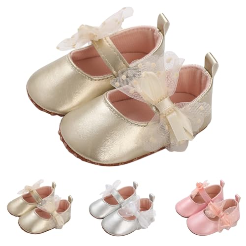 Baby Girls First Walking Shoes for 3-6 Months Infant Newborn Girls Mary Jane Lightwight Crib Shoes Bow Prewalker Sandals #001_Gold