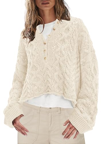 Panadila Womens Chunky Cable Knit Sweater Button Down Bell Long Sleeve Pullover Sweaters Casual Fall Winter Tops2