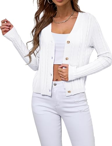 Image of VERABENDI Womens Sweaters Cable Knit Open Front Buttons V Neck Lightweight Cropped Cardigan for Women