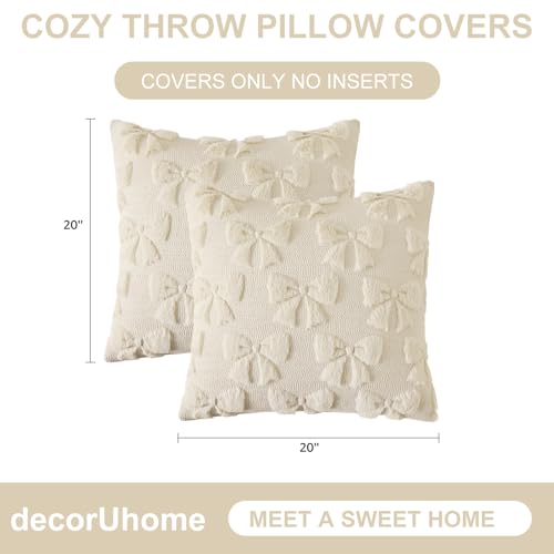 Image of decorUhome Beige Bow Pillow Covers Set of 2 Coquette Aesthetic Cute Preppy Plush Faux Pillowcases for Girly Bedroom or Couch 20x20 Inch