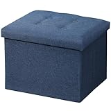 AmasSmile Storage Ottoman Folding Foot Rest Stool, 17 inch Linen Footstool Bench, Short Ottoman Bench, Storage Foot Rest Store, Books, Light Blue