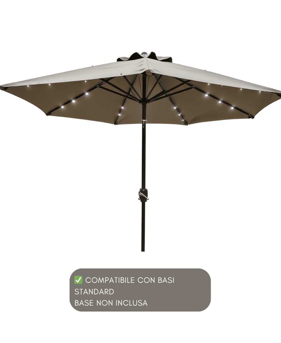 Ombrellone da Giardino BALì 3 Metri Inclinabile con Luci LED Solari Integrate – Protezione UV80+ – Apertura a Manovella Push-Button – Struttura Acciaio Verniciato – Parasole Terrazzo Piscina Dehors