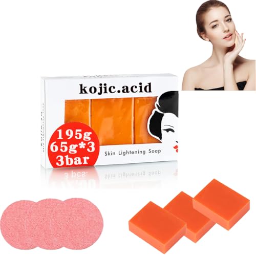 Kojic Acid Skin Brightening Soap 3Pcs * 65g, Facial Soap, Solid Soap Bar For Effectively Removing Acne Spots, And Used For Deeply Cleaning Face And Body Skin (Multifunctional Facial Towel *3)