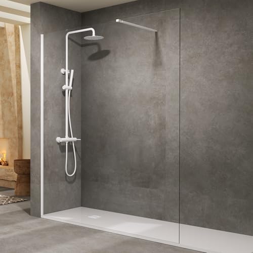 IMEX - Mampara Ducha Fija Blanca 70cm Frontal con Brazo de Sujeción | Mampara de Cristal Antical y Perfilería de Aluminio con 200cm de Altura | Vidrio con Grosor 8mm y Sistema de Montaje Fácil