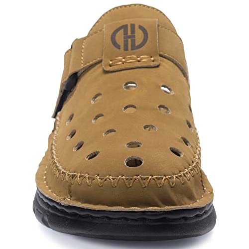 Buguki Clogs Mens Mules Summer Leather Sandals Closed Toe Outdoor Beach Garden Clogs Shoes For Male Khaki 47 #TOP3