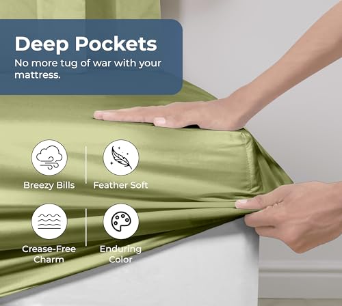 Image of Royale Linens 100% Organic Cotton Fitted Sheet - Percale Weave - Super Soft Deep Pocket Bottom Sheets - Sage Green Elastic Sheet Twin XL Size - Twin XL Fitted Sheets Only - (39 inchx80 inch+15 inch, Sage Green)