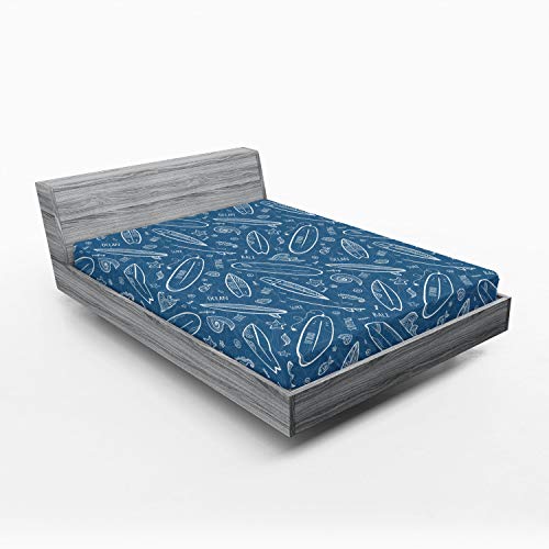 Ambesonne Surfboard Fitted Sheet, Blue Waters Oceanic Elements Waves Swirls Doodle White Outlines Hobby Fun Times, Bed Cover with All-Round Elastic Deep Pocket for Comfort, Full Size, Blue White