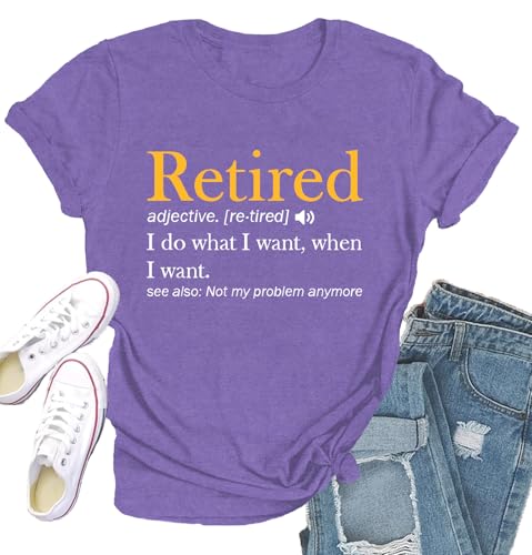 Qskall Retirement Shirts for Women Retired Teacher T-Shirt Grandma Retired Tee Tops Purple