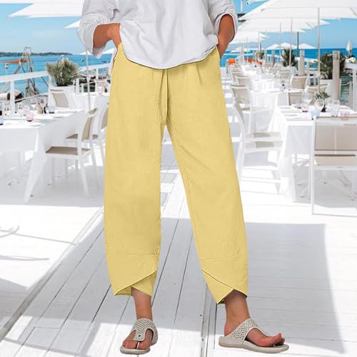 Womens Cotton Linen Capri Pants Summer Elastic High Waisted Cropped Pants Beach Lounge Trousers Pants with Pockets2