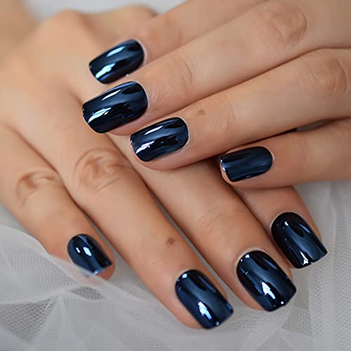 High Shine Punk False Metallic Light Blue Fake Nails Short Acrylic Nail Tips Reflective Mirror Nail Art Manicure Tool