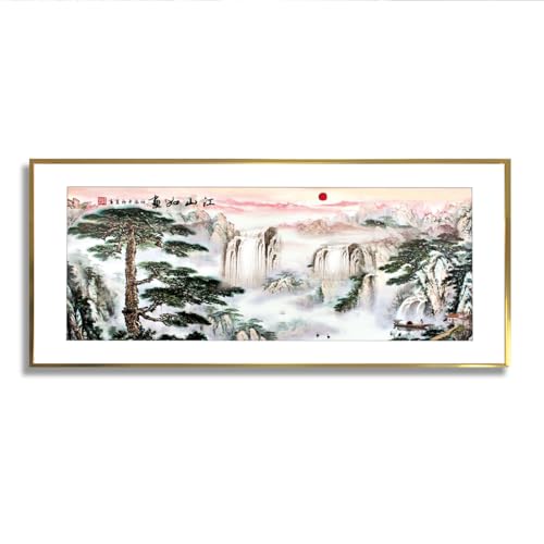 中国の風景キャンバスウォールアートウォーターフォールアートワークパノラマ壁画アジアの自然絵画ホームオフィス装飾のための大きな写真プリント40x101cmゴールドフレーム付き