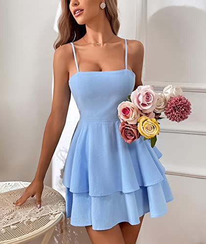 SEMATOMALA Women's Tie Back Spaghetti Strap Skater Mini Dress Tiered Ruffle Fit and Flared A Line Sexy Cute Short Party Dress4
