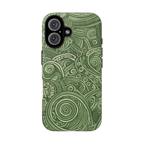Coque rigide mate iPhone 16 motif tribal abstrait vert anti-rayures