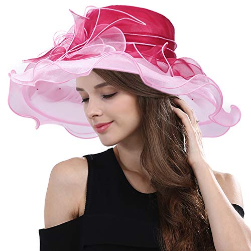 Women's Fascinators Wide Brim Sun Hat for Kentucky Derby, Church, Wedding, Tea Party, Royal Ascot, Easter (Burgundy/Pink)