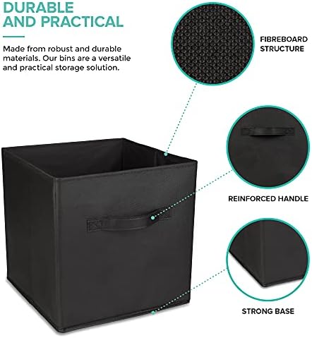 LIVIVO Set of 6 Foldable Storage Boxes Cube Basket Collapsible Sturdy Design Ideal for Nursery Closet Organiser Shelf Toys Clothes with Fabric Handles (Black)