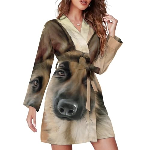 German Shepherd Fashion Mini Womens Robe with Belt Soft Nightgown Long Sleeve Bathrobe Loungewear M