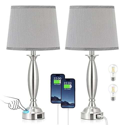 Bedrooms Touch Control Bedside Lamp with USB C+A, 3 Way Dimmable Nightstand Lamps with USB Port, Brushed Nickel Table Lamp for Living Room Guest Room Bed Side End Table, Set of 2