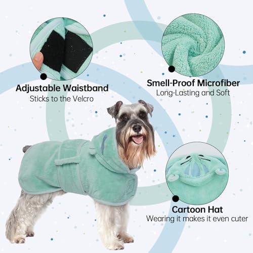 OUOBOB Hunde Bademantel Trockenmantel für kleine Hunde - Mikrofaser Hundekleidung mit Kapuze & verstellbaren Gurt, XS (Grün) - Für Chihuahua, Dackel, Yorkie.