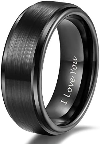 8mm Tungsten Carbide Wedding Rings Men Women Black Brushed Engraved I Love You Comfort Fit Size 9
