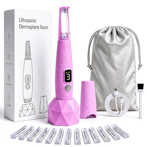 Sonic Dermaplaning Razor for Women, Face Hair Remover with 12 Refills,Pink