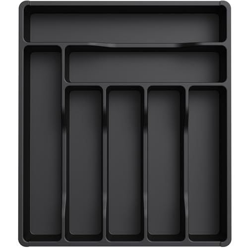 Lifewit Cutlery Drawer Organiser, Plastic Cutlery Tray for Kitchen, Utensil Flatware Silverware Holder Divider for Spoons Forks Knives Tableware, 7 Compartments, 31 x 36cm, Black