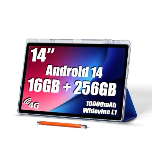 14 inch Large Screen Tablet, Android 15 Tablet 16GB RAM 256GB ROM, 1920 * 1200 IPS FHD Display, Widevine L1, 10000mAh 18W Charging, Wi-Fi & Bluetooth, 4G LTE, with Stand Case & Stylus
