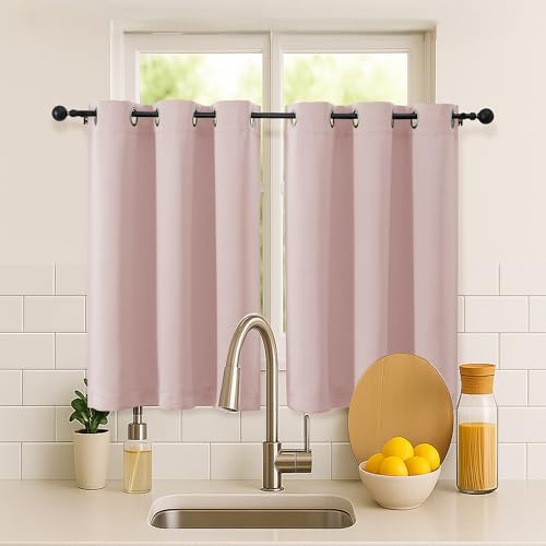 Image of Simplebrand Blush Short Cafe Curtains 36 Inch Length 2 Panels Set, Half Window Grommet Privacy Drape Tiers for Kitchen, Thermal Insulated Room Darkening Curtains for Bathroom Shades, W40 x L36
