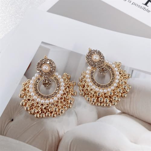 Vintage Round CZ Pearl Beaded Tassel Statement Dangle Drop Earrings for Women Gold Plated Boho Crstyal Beaded Chandelier Dangling Stud Indian Jhumka Festival Jewelry for Her4
