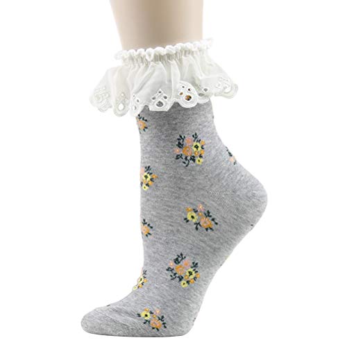 Image of KitNSox Funcat Women's Lace Ruffle Frilly Colorful Floral Cotton Casual Novelty Ankle Socks 4 /5 /6 Pairs