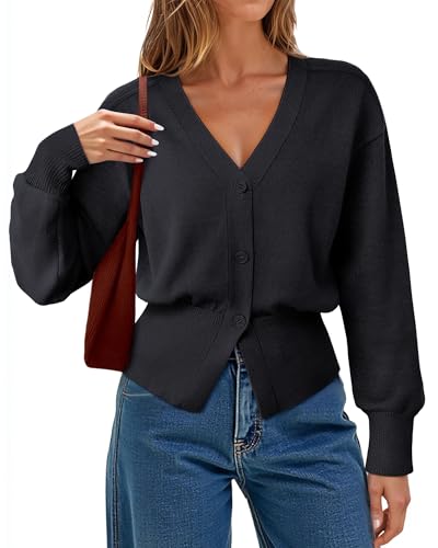 Gaharu Womens Open Front Cardigan Sweaters Long Sleeve Knitted Button Tops Casual V-Neck Peplum Outerwear for Women Trendy
